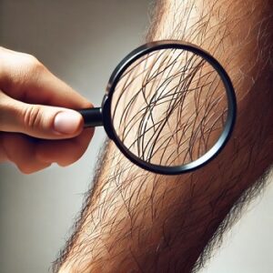 Immagine di una lente d'ingrandimento che inquadra i peli di una gamba per effettuare il check-up morfologico che precede l'epilazione laser permanente a Vicenza